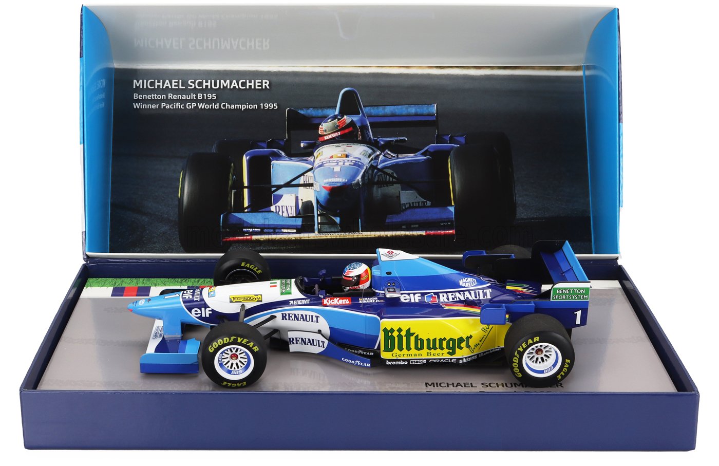 MINICHAMPS - 1/18 - BENETTON - F1 B195 TEAM MILD SEVEN RENAULT N 1 WORLD CHAMPION WINNER PACIFIC GP 1995 MICHAEL SCHUMACHER - BLUE YELLOW