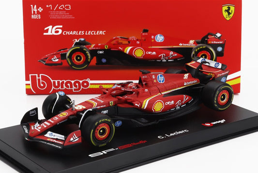 BURAGO - 1/43 - FERRARI - F1 SF-24 TEAM SCUDERIA FERRARI N 16 4th EMILIA ROMAGNA IMOLA GP 2024 CHARLES LECLERC - WITH PILOT AND SHOWCASE - RED BLACK