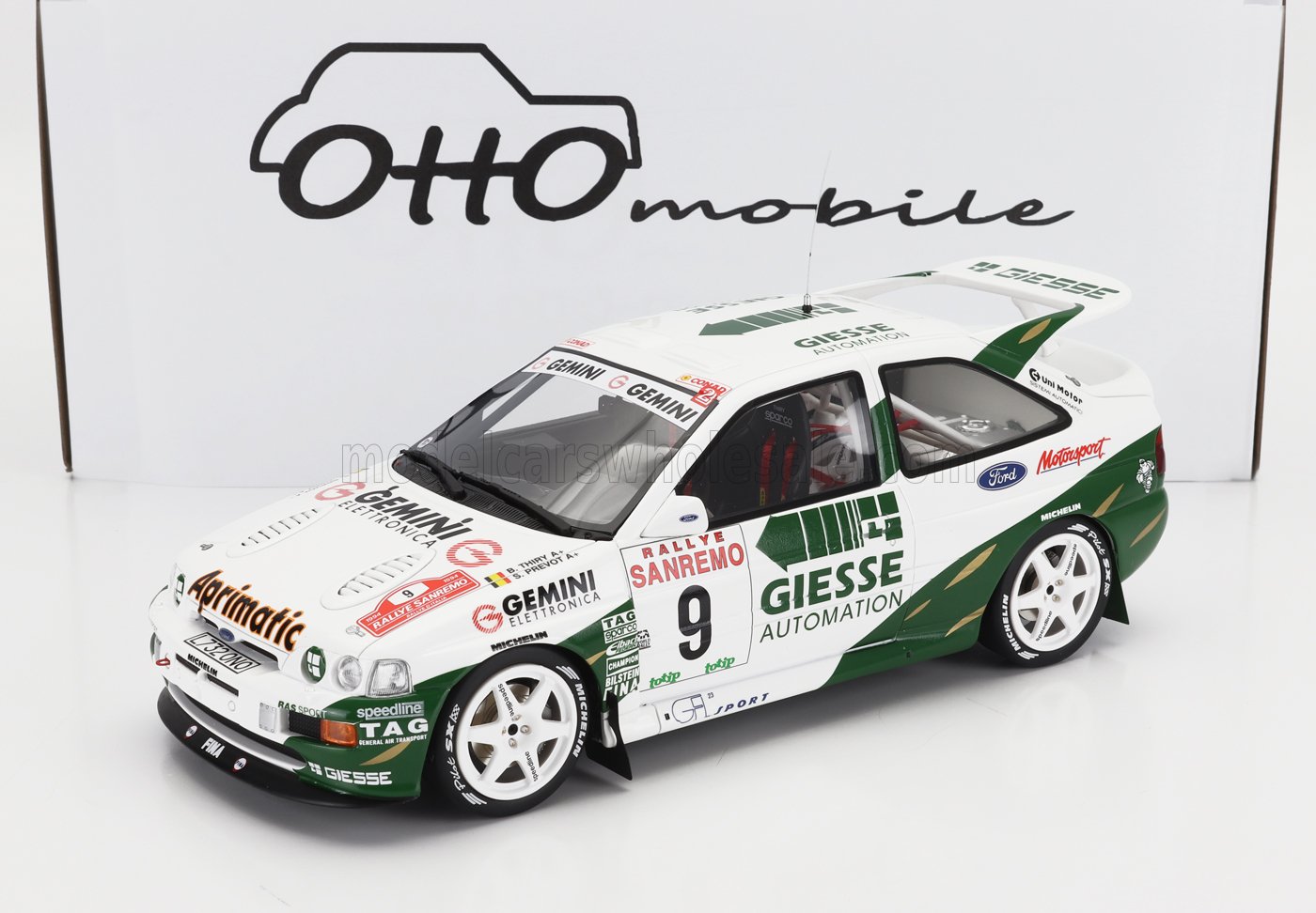 OTTO-MOBILE - 1/18 - FORD ENGLAND - ESCORT COSWORTH Gr.A TEAM GIESSE N 9 4th RALLY SANREMO 1994 BRUNO THIRY - STEPHANE PREVOT - WHITE GREEN