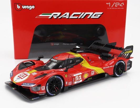 BURAGO - 1/24 - FERRARI - 499P 3.0L TURBO V6 TEAM FERRARI AF CORSE N 51 WINNER 24h LE MANS 2023 ALESSANDRO PIER GUIDI - JAMES CALADO - ANTONIO GIOVINAZZI - RED YELLOW BLACK