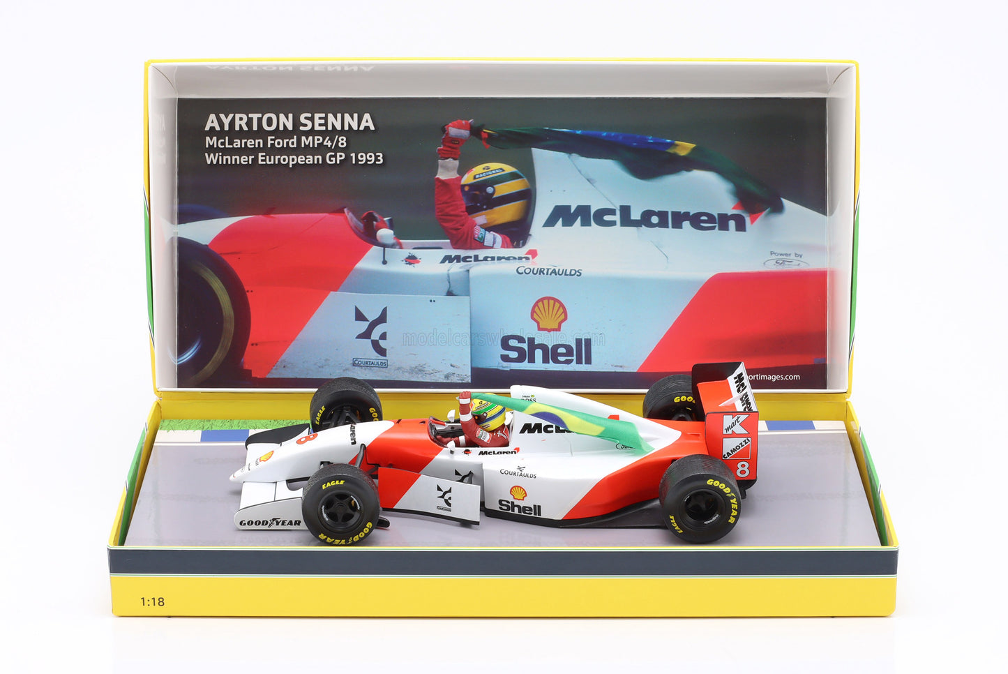 MINICHAMPS - 1/18 - McLAREN - F1 FORD MP4/8 V8 TEAM MARLBORO N 8 WINNER EUROPEAN BRITISH DONINGTON PARK GP WITH FLAG 1993 AYRTON SENNA - WHITE RED