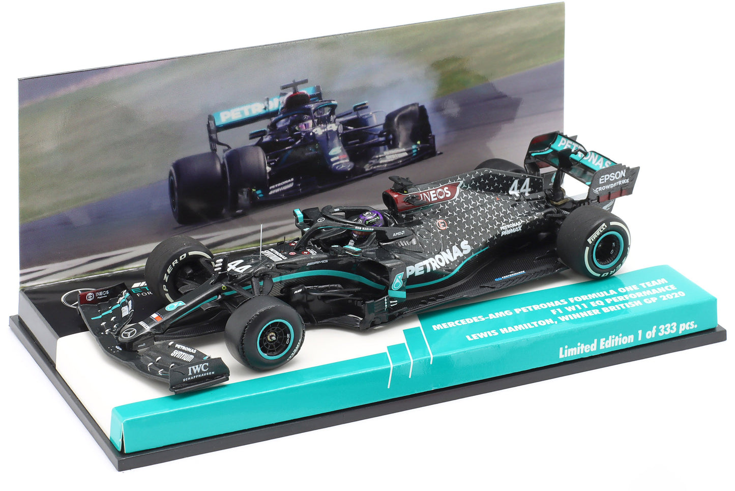 MINICHAMPS - 1/43 - MERCEDES GP - F1 W11 EQ PERFORMANCE TEAM AMG PETRONAS MOTORSPORT N 44 WORLD CHAMPION WINNER SILVERSTONE BRITISH GP (with flat tire) 2020 LEWIS HAMILTON - BLACK GREEN