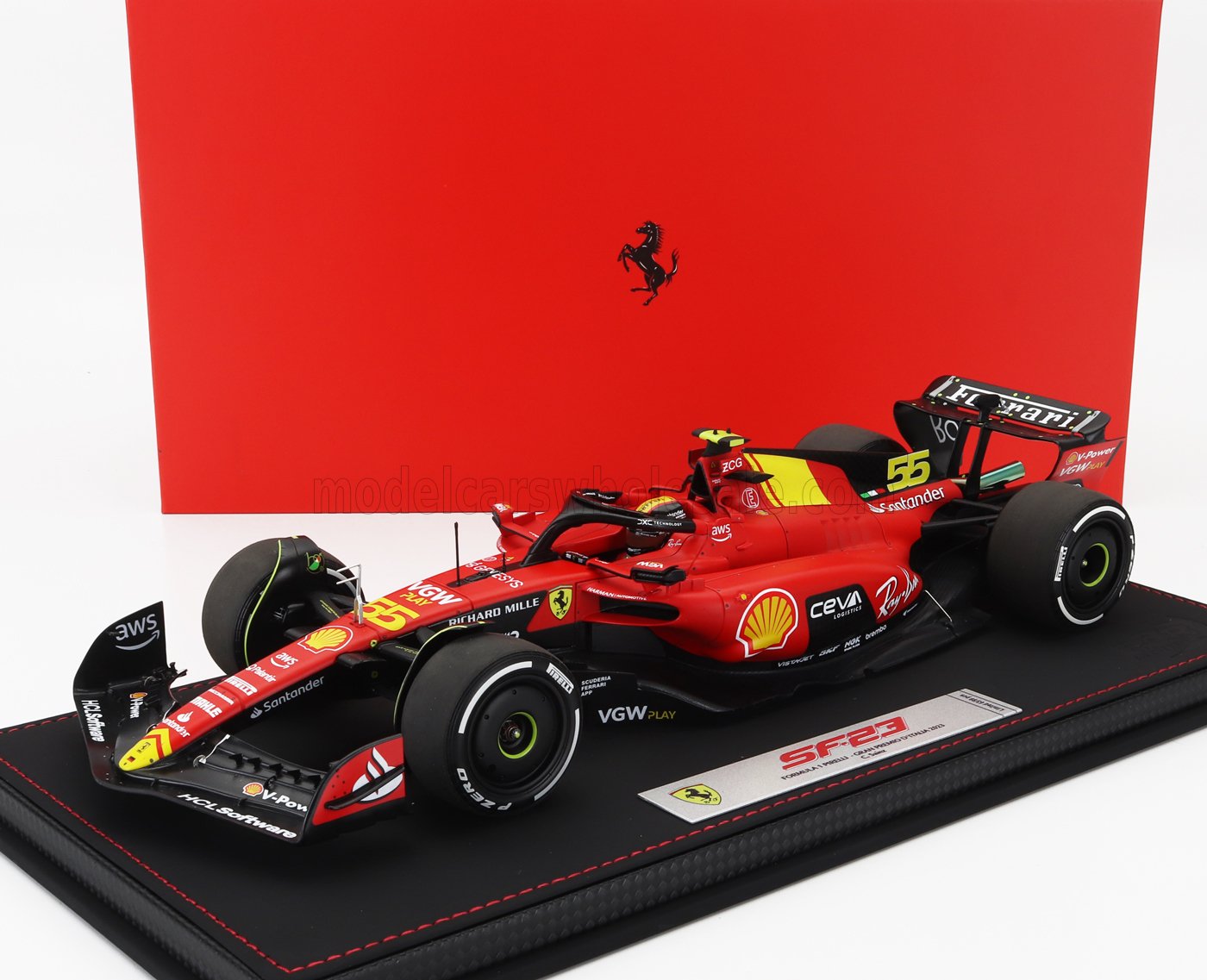 BBR-MODELS - 1/18 - FERRARI - F1 SF-23 TEAM SCUDERIA FERRARI N 55 POLE POSITION 3rd MONZA ITALY GP 2023 CARLOS SAINZ - CON VETRINA - WITH SHOWCASE - RED BLACK YELLOW