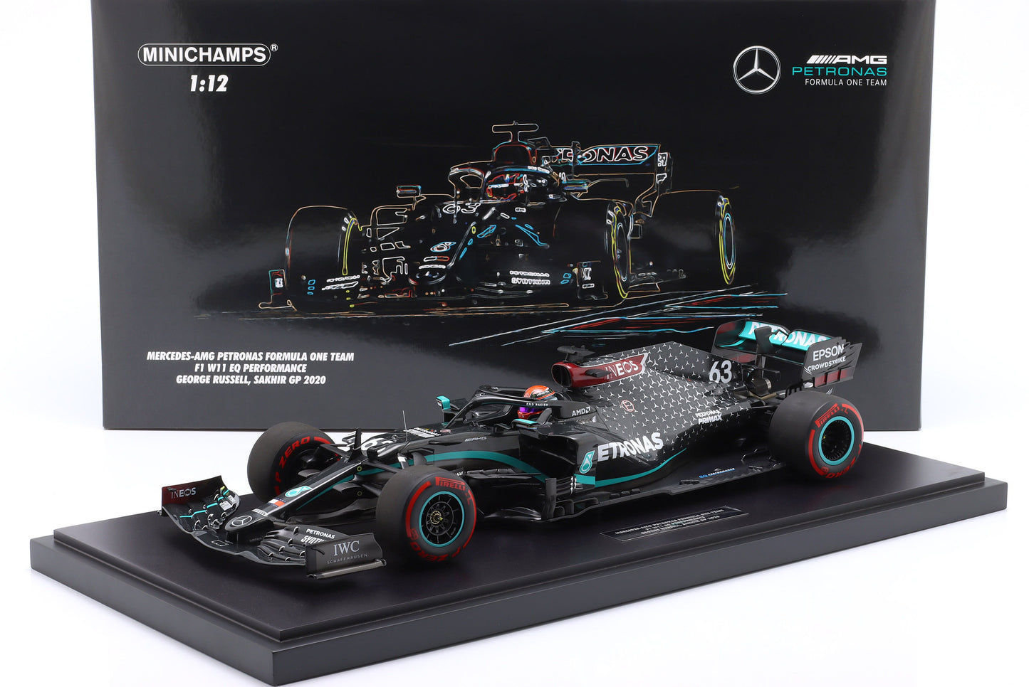 MINICHAMPS - 1/12 - MERCEDES BENZ - F1 W11 EQ PERFORMANCE TEAM AMG PETRONAS MOTORSPORT N 63 SAKHIR GP 2020 GEORGE RUSSELL - CON VETRINA - WITH SHOWCASE - BLACK GREEN