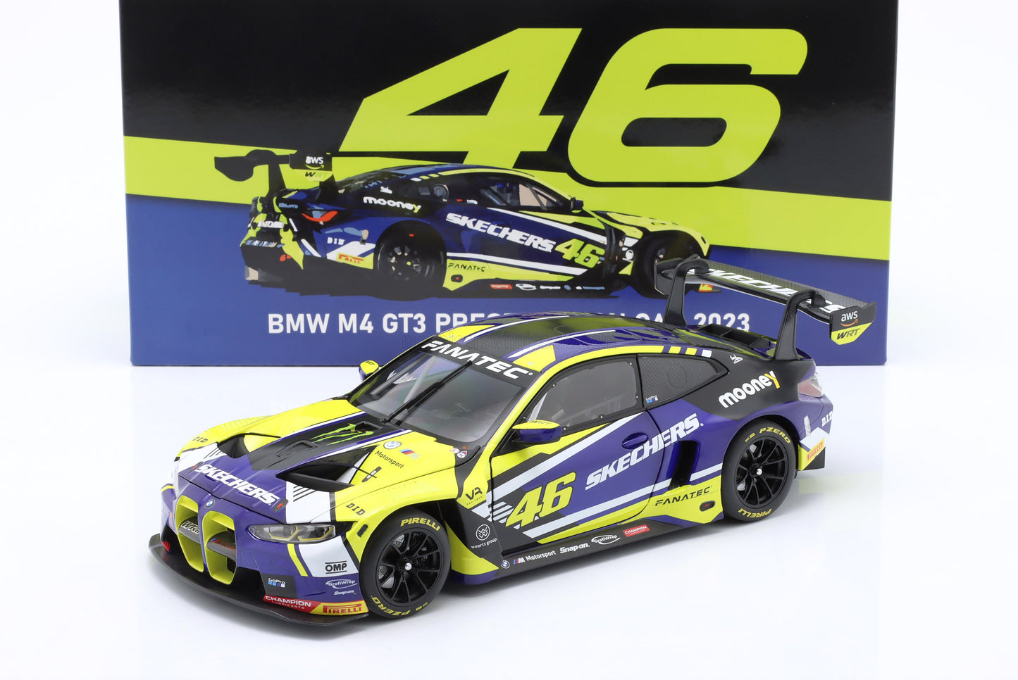 MINICHAMPS - 1/18 - BMW - 4-SERIES M4 GT3 TEAM WRT N 46 PRESENTATION FANATEC GT WORLD CHALLENGE EUROPE 2023 VALENTINO ROSSI - BLUE YELLOW BLACK