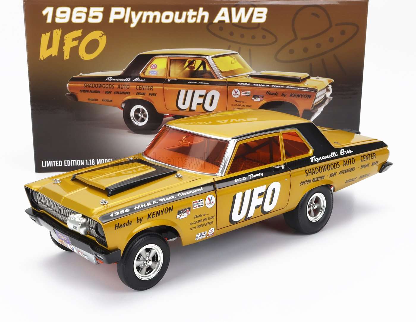 ACME-MODELS - 1/18 - PLYMOUTH - SATELLITE AWB UFO CUSTOM RACE 1965 - GOLD BLACK 1/18 modellino da collezione 154 lacasadelmodellismo