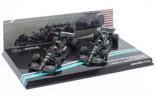 MINICHAMPS - MERCEDES GP - SET F1 2X W14 TEAM MERCEDES-AMG PETRONAS FORMULA ONE N 44 BAHRAIN GP 2023 LEWIS HAMILTON + N 63 BAHRAIN GP 2023 GEORGE RUSSEL