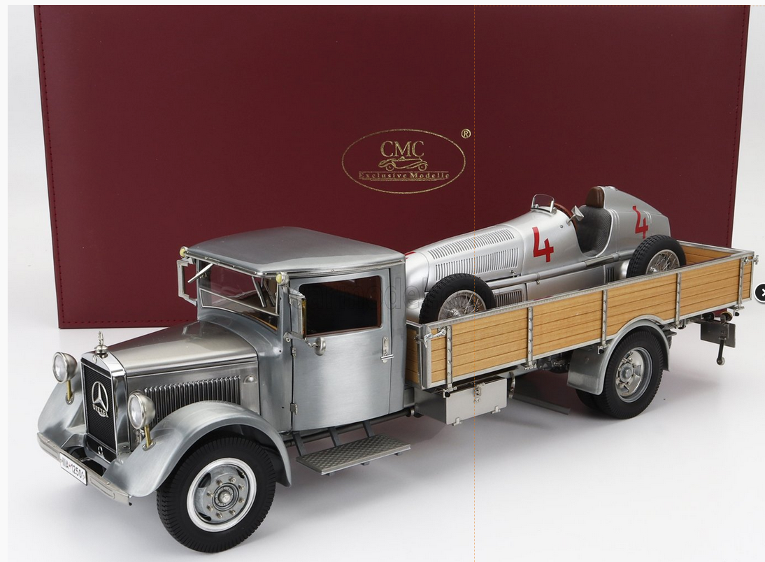 CMC - MERCEDES BENZ - SET 2X LO2750 PLATFORM TRUCK WITH WOODEN BOX CAR TRANSPORTER 1936 + F1 W25 N 4 MONACO GP 1935 L.FAGIOLI