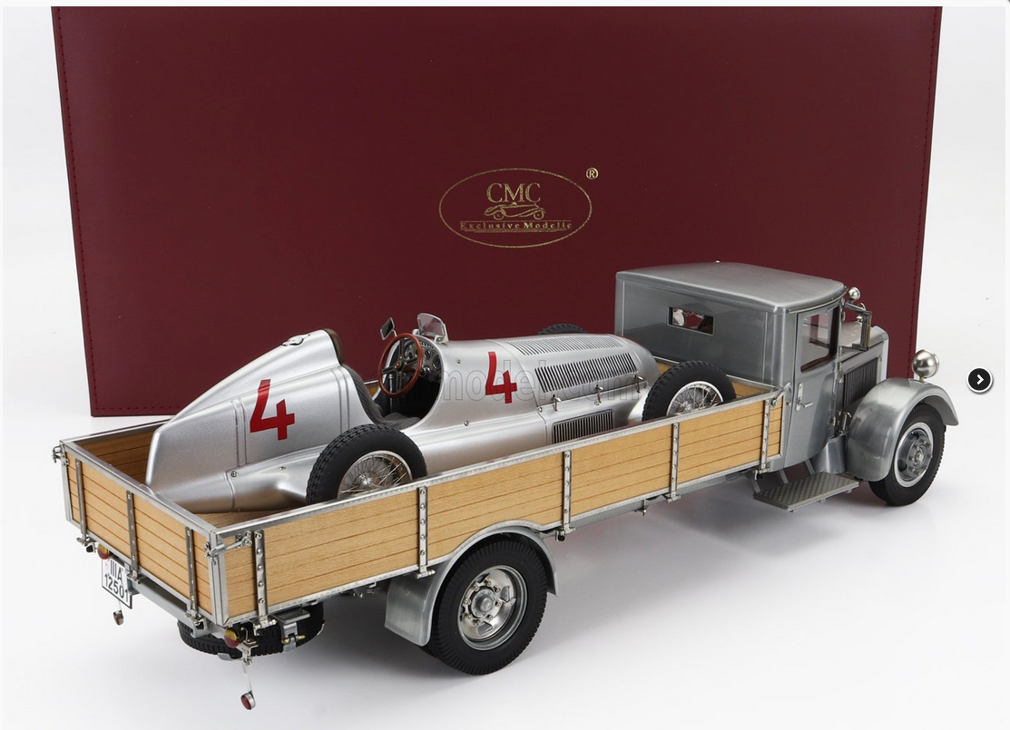 CMC - MERCEDES BENZ - SET 2X LO2750 PLATFORM TRUCK WITH WOODEN BOX CAR TRANSPORTER 1936 + F1 W25 N 4 MONACO GP 1935 L.FAGIOLI