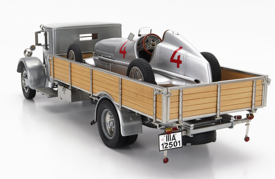 CMC - MERCEDES BENZ - SET 2X LO2750 PLATFORM TRUCK WITH WOODEN BOX CAR TRANSPORTER 1936 + F1 W25 N 4 MONACO GP 1935 L.FAGIOLI