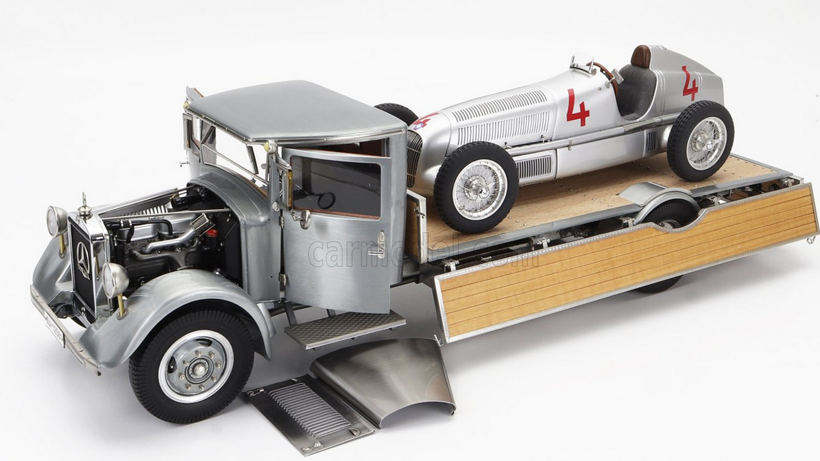 CMC - MERCEDES BENZ - SET 2X LO2750 PLATFORM TRUCK WITH WOODEN BOX CAR TRANSPORTER 1936 + F1 W25 N 4 MONACO GP 1935 L.FAGIOLI