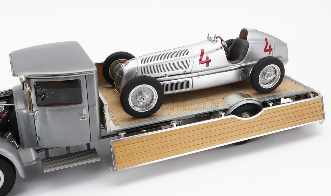 CMC - MERCEDES BENZ - SET 2X LO2750 PLATFORM TRUCK WITH WOODEN BOX CAR TRANSPORTER 1936 + F1 W25 N 4 MONACO GP 1935 L.FAGIOLI