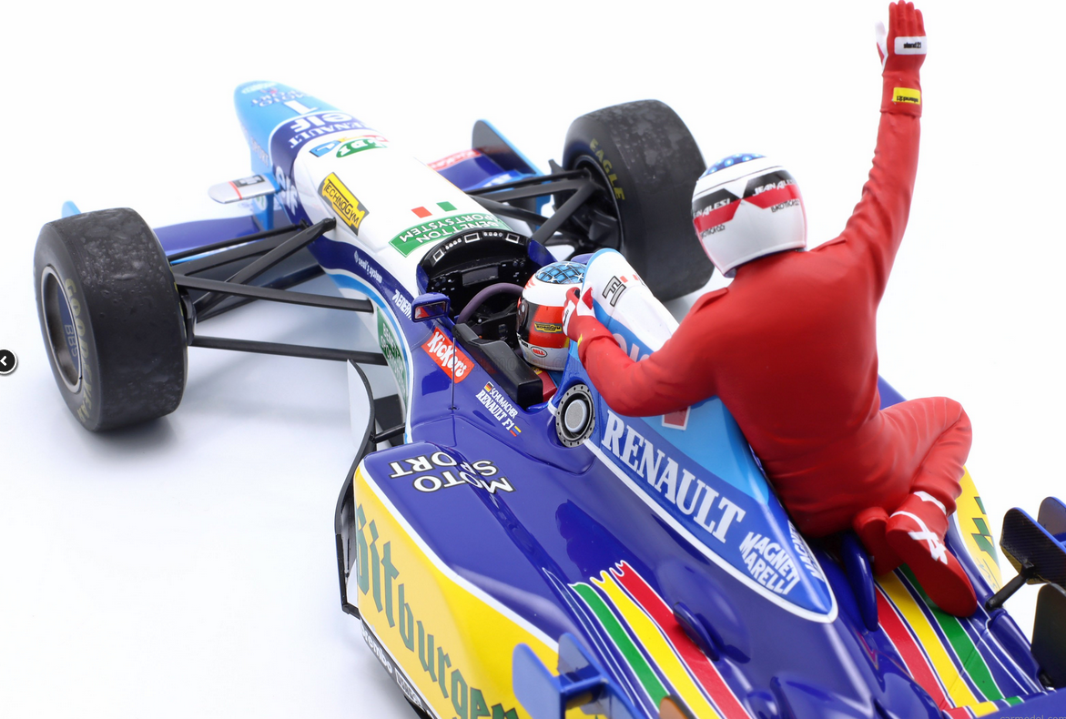 MINICHAMPS - 1/18 - BENETTON - F1 B195 TEAM MILD SEVEN RENAULT N 1 WORLD CHAMPION 5th CANADA GP 1995 MICHAEL SCHUMACHER AND JEAN ALESI TAXI RIDE FIGURES - BLUE YELLOW