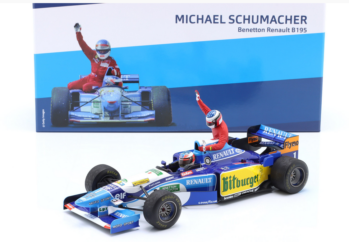 MINICHAMPS - 1/18 - BENETTON - F1 B195 TEAM MILD SEVEN RENAULT N 1 WORLD CHAMPION 5th CANADA GP 1995 MICHAEL SCHUMACHER AND JEAN ALESI TAXI RIDE FIGURES - BLUE YELLOW