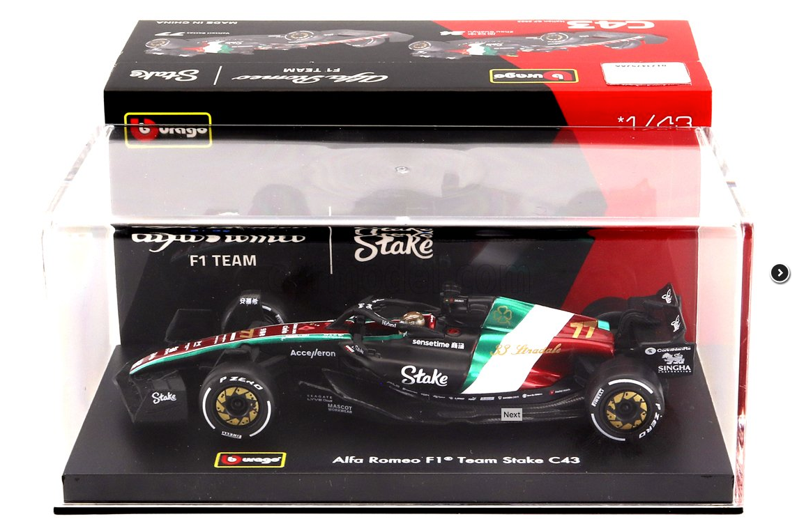 BURAGO - 1/43 - ALFA ROMEO - F1 C43 TEAM STAKE N 77 MONZA ITALY GP 2023 VALTTERI BOTTAS - WITH PILOT AND SHOWCASE - BLACK RED