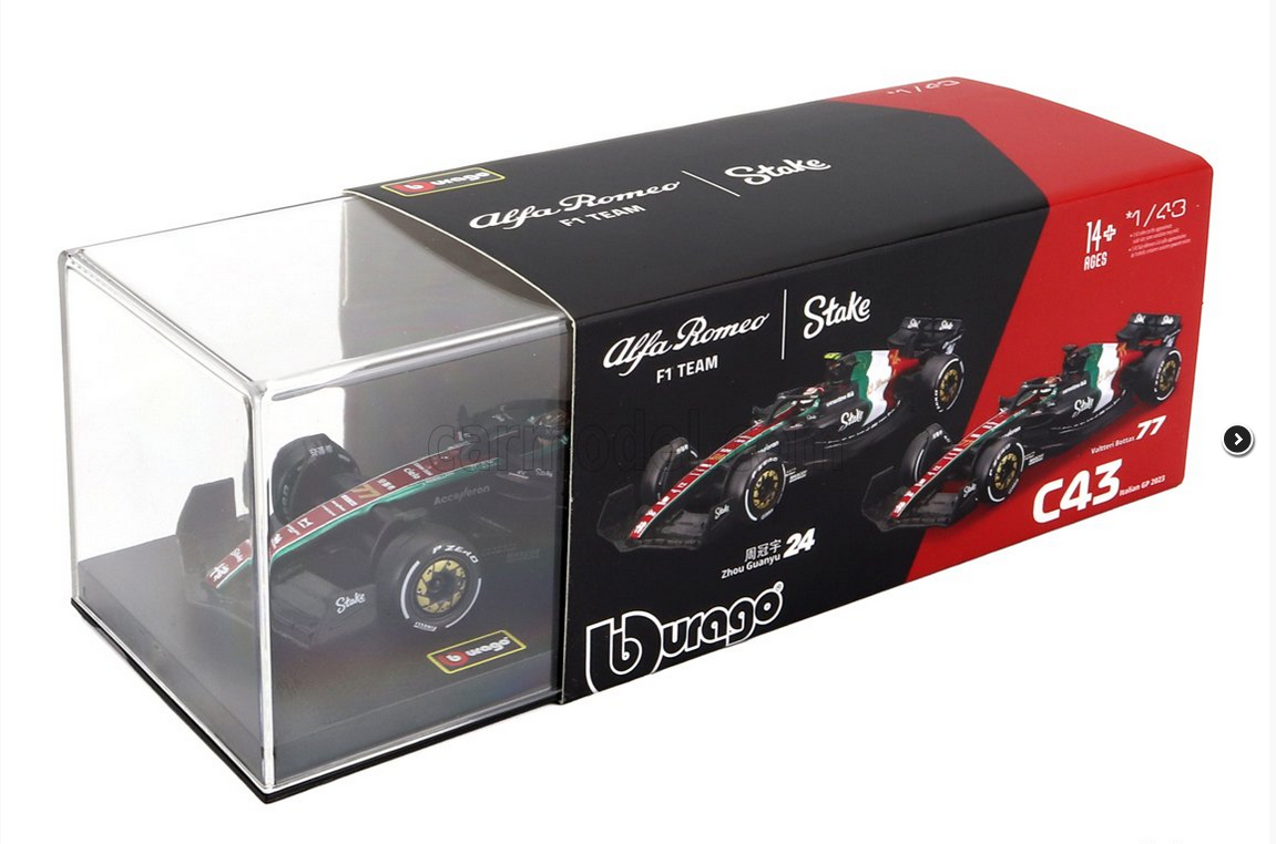 BURAGO - 1/43 - ALFA ROMEO - F1 C43 TEAM STAKE N 77 MONZA ITALY GP 2023 VALTTERI BOTTAS - WITH PILOT AND SHOWCASE - BLACK RED