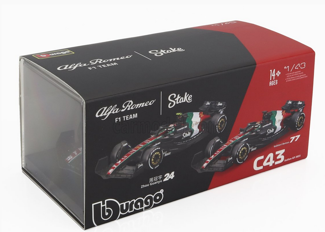 BURAGO - 1/43 - ALFA ROMEO - F1 C43 TEAM STAKE N 77 MONZA ITALY GP 2023 VALTTERI BOTTAS - WITH PILOT AND SHOWCASE - BLACK RED