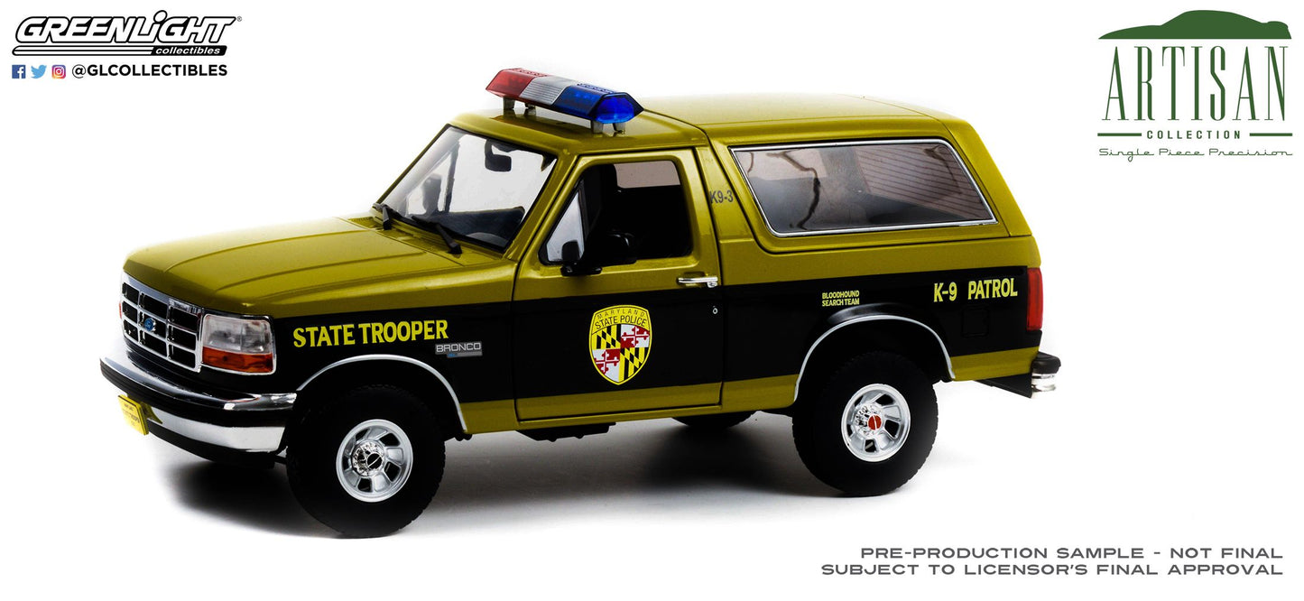 Greenlight 1996 Ford Bronco - Maryland State Police State Trooper - Bloodhound Search Team K-9 Patrol 1/18